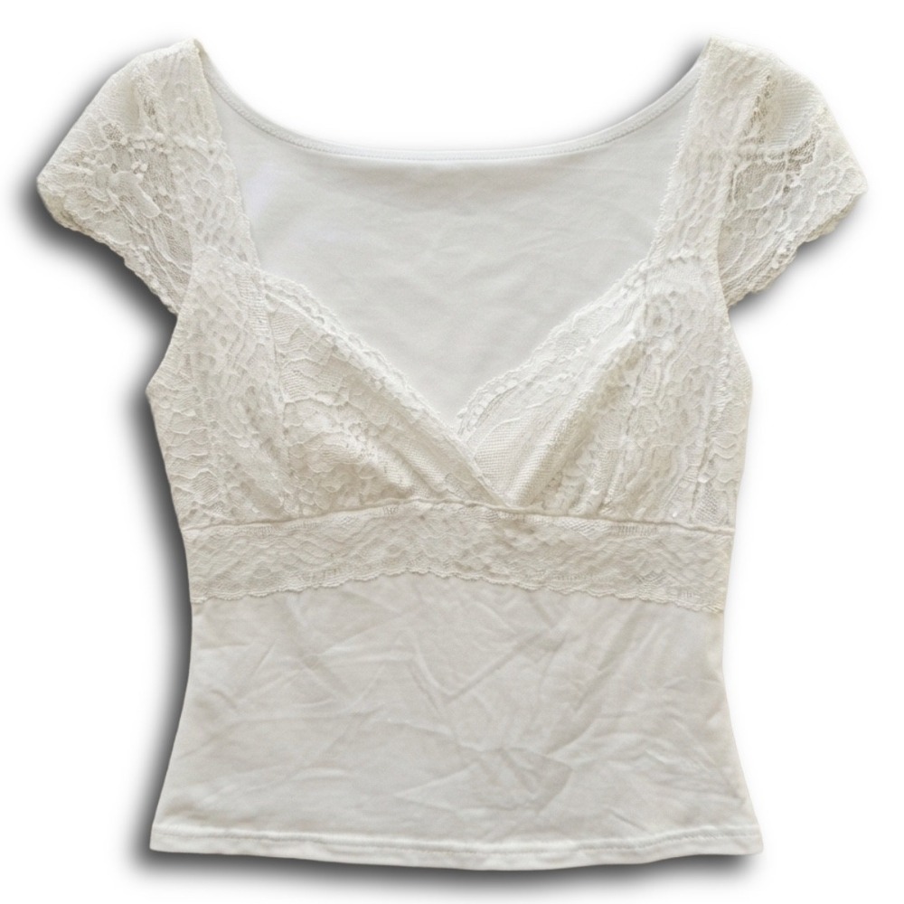 Shein Womens White Lace Trim V Neck Cap Sleeve Coquette Crop Top Small